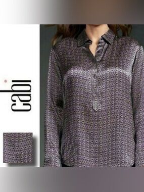Cabi 70's Geometric Long Sleeve Button 100% Silk Purple Green Blouse Top Women M